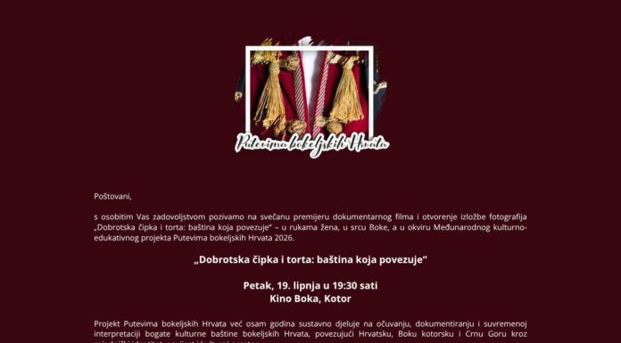“Dobrotska čipka i torta, baština koja povezuje” premijerno 19. lipnja u Kotoru